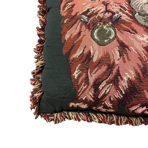 Vintage Christmas Cats Kittens Needlepoint Tapestry Frayed Border Holiday Pillow - Picture 4 of 16